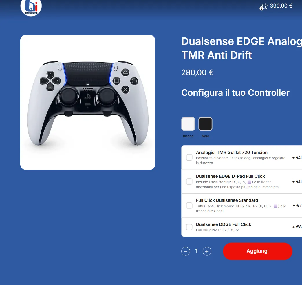 Pagina prodotto di un controller da gioco: scelta del colore, elenco delle modifiche con il sovrapprezzo di ciascuna e il totale che si aggiorna nel carrello