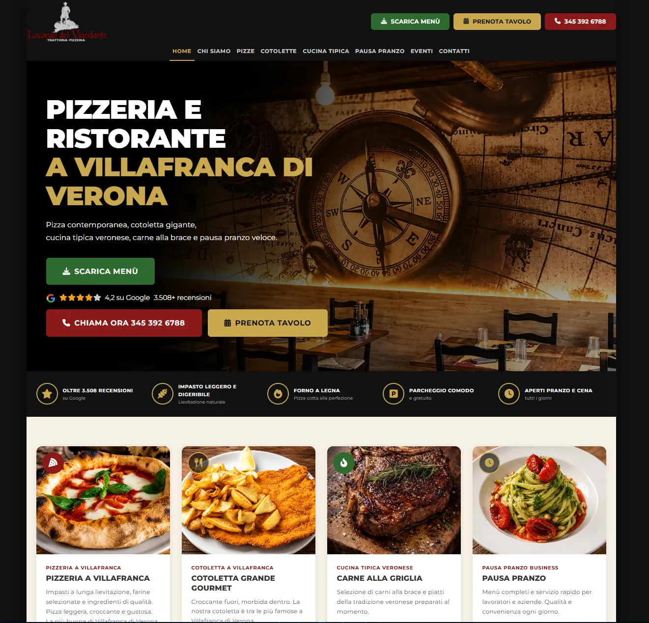 La home di un sito di ristorante: titolo grande, pulsanti per scaricare il menù, chiamare e prenotare il tavolo, il punteggio Google e le portate in evidenza